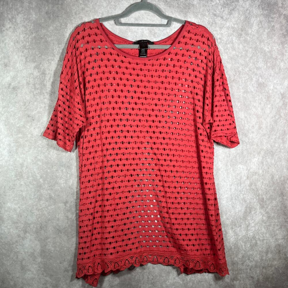 Ali Miles Tunic Top Womens Medium Red Open Crochet Trim Eyelet Short Sleeve Art